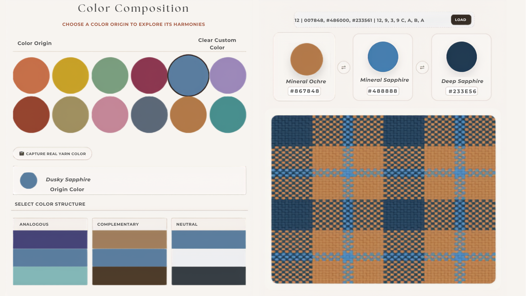 Digital interface of Textile Color Lab (TCLAB) showing chromatic swatches, verified HEX codes, and plaid pattern simulation for predictive textile engineering and zero-waste fiber allocation.