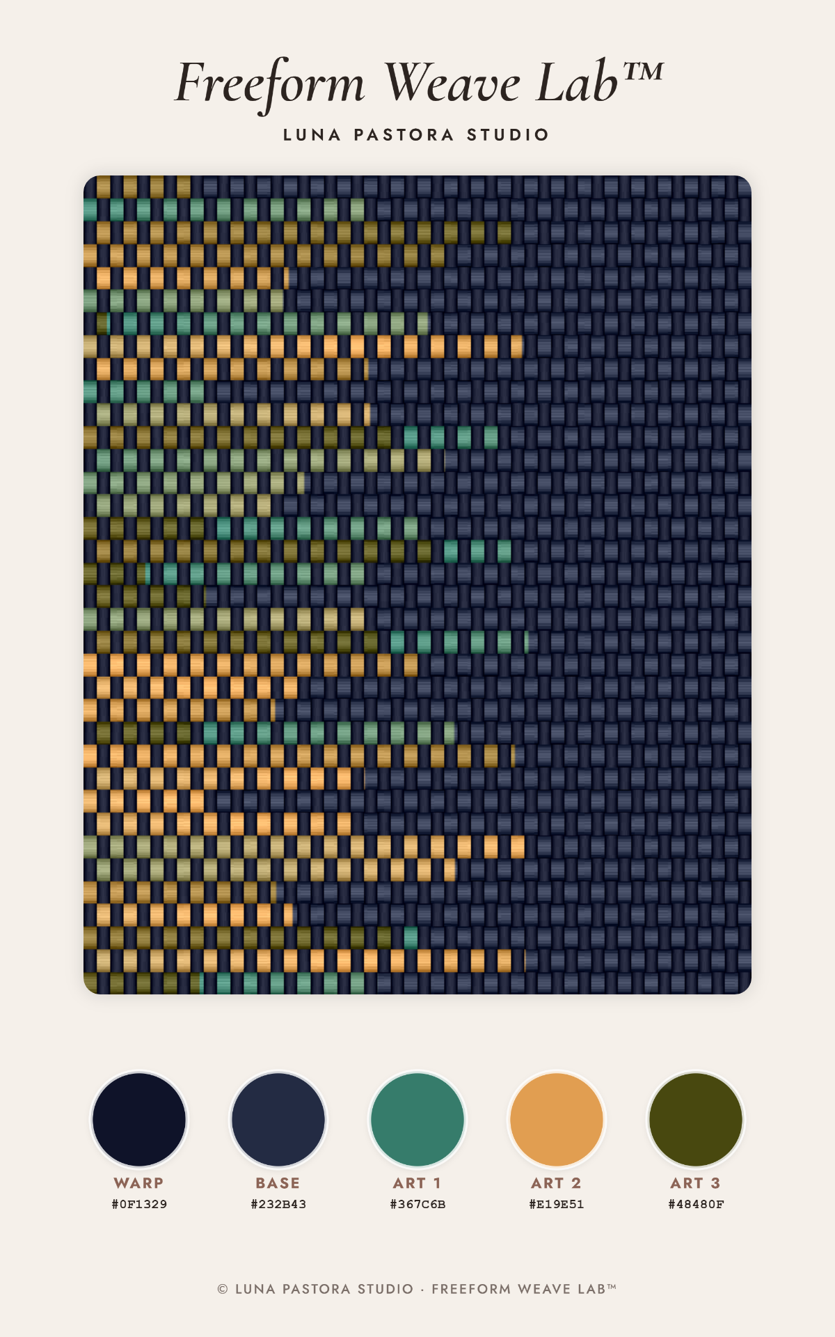 Freeform Weave Lab (FWLAB) digital simulation showing an asymmetric weaving pattern. Features a dark navy warp (#0F1329) with organic inserts in teal (#367C6B), ochre (#E19E51), and olive (#48480F). Technical tool for fiber artists to plan complex textile architectures and avant-garde designs.