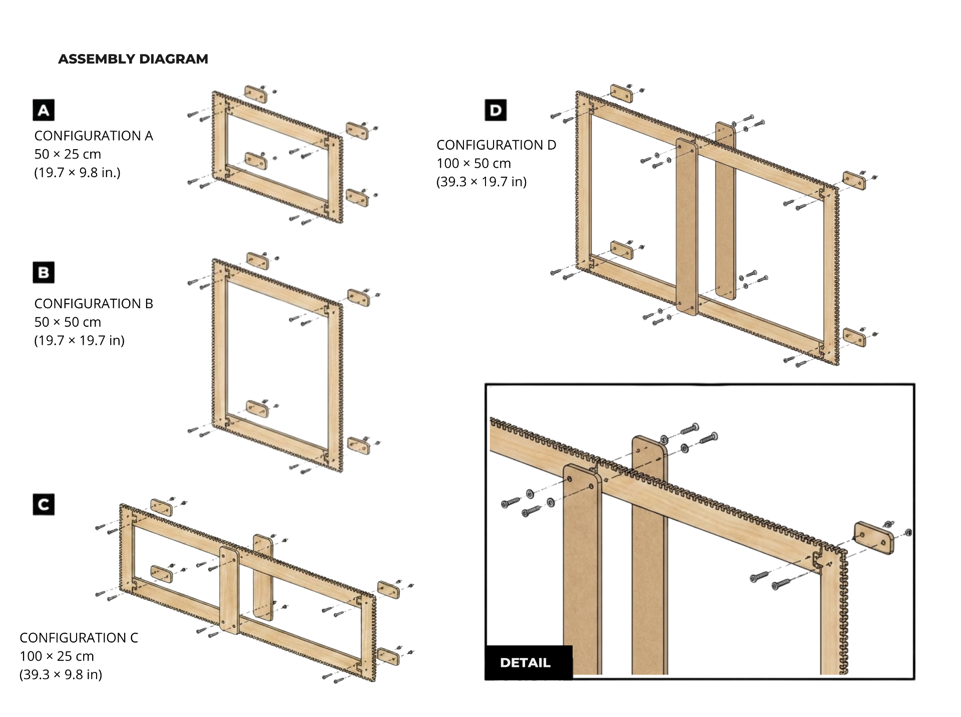 Technical exploded view of a modular weaving loom. Engineering blueprint showing self-centering joints, hardware specifications (screws, washers, nuts), and multi-axial assembly for 4 frame sizes. Optimized for DXF laser cutting.