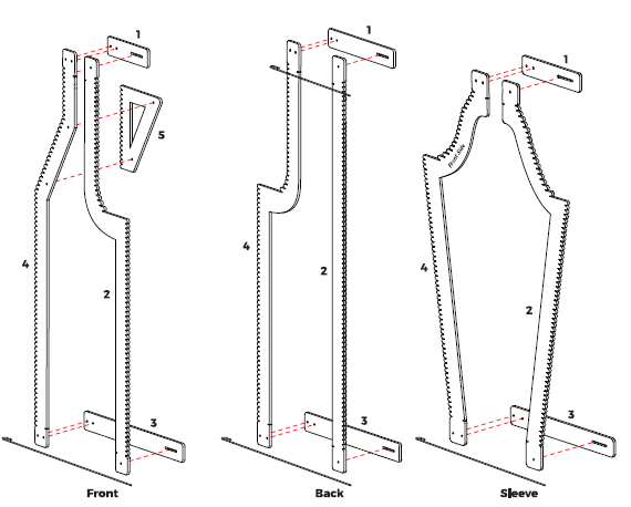 Technical schematic of the Vesto adjustable loom chassis. Illustration shows the sliding-geometry framework for three anatomical modules: Front, Back, and Sleeve. Part of the LP-DNA™ Protocol for zero-waste garment production and decentralized laser-cut manufacturing.