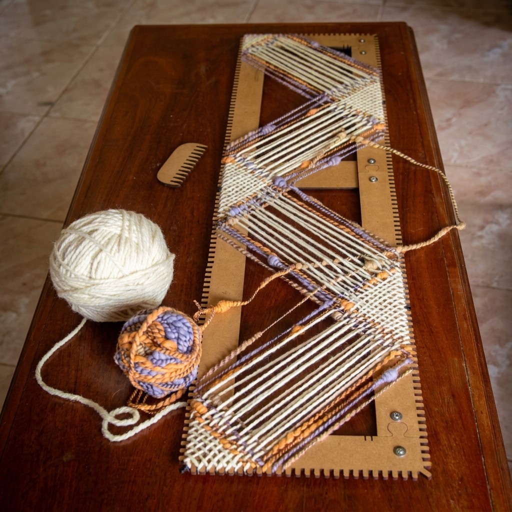 Wooden weaving loom with colorful striped fabric, yarn balls, and wooden comb pieces.