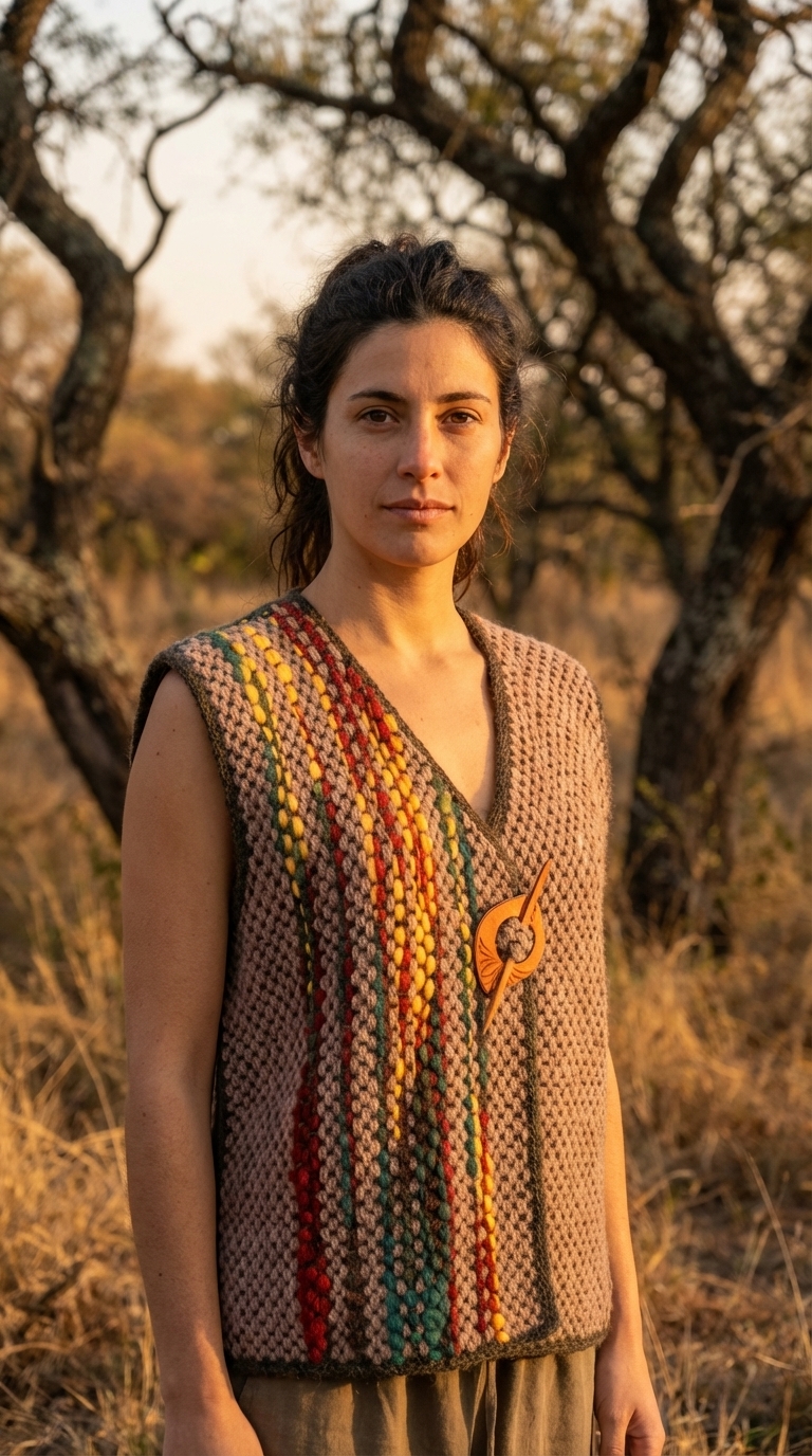 Woman standing outdoors in golden light, wearing a multicolored woven pampa loom vest, with trees and dry grass behind.