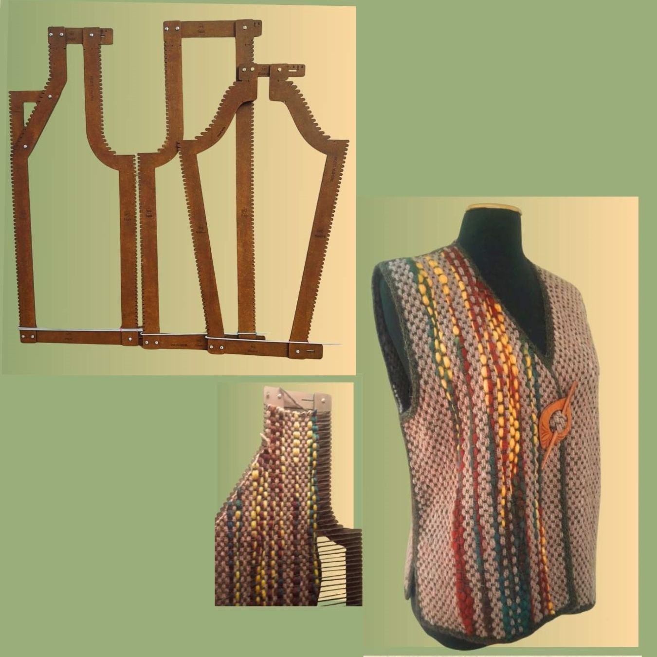 Collage shows wooden pampa loom frames and a mannequin wearing a multicolored woven textile with wooden clasp.
