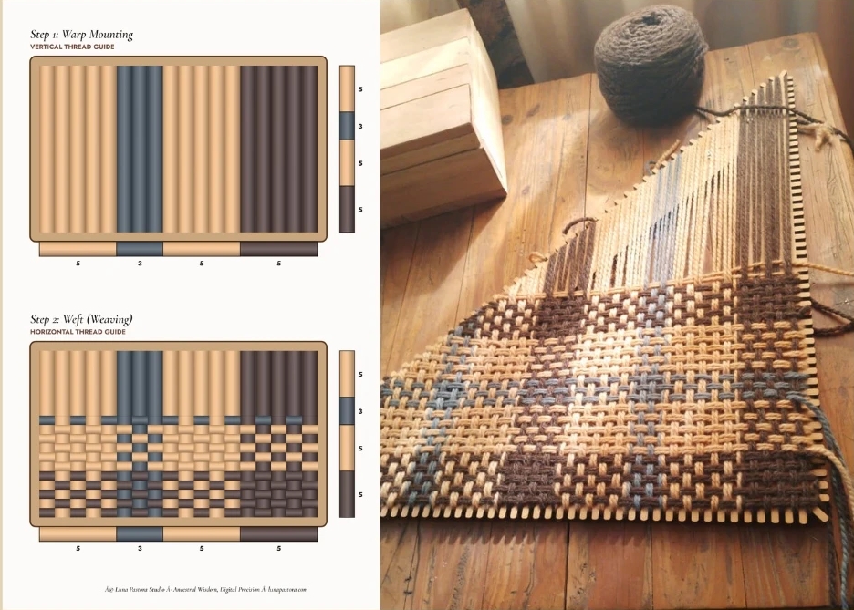 Wooden loom weaving with yarn, alongside tdyelab weaving patterns showing warp mounting and weaving steps for a technical bridge concept.